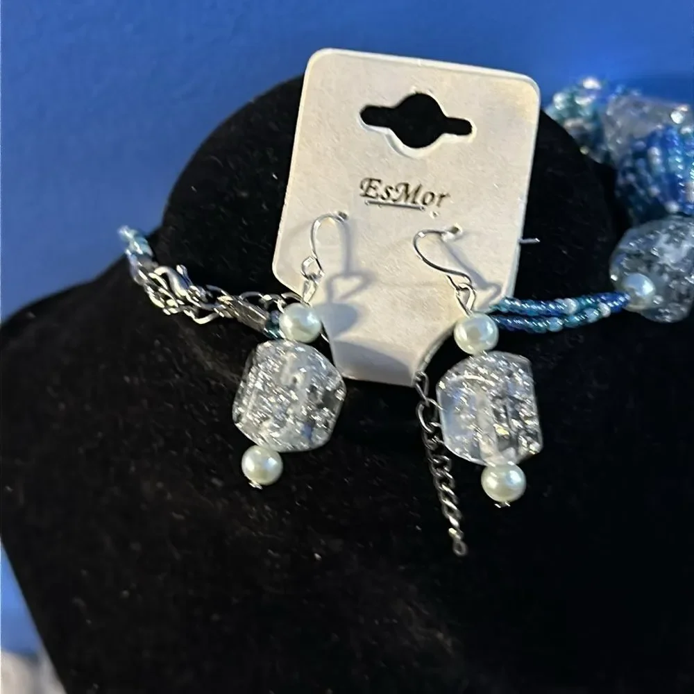 Esmor Large Statement Necklace & Earrings Set Blue White Clear Jewelry